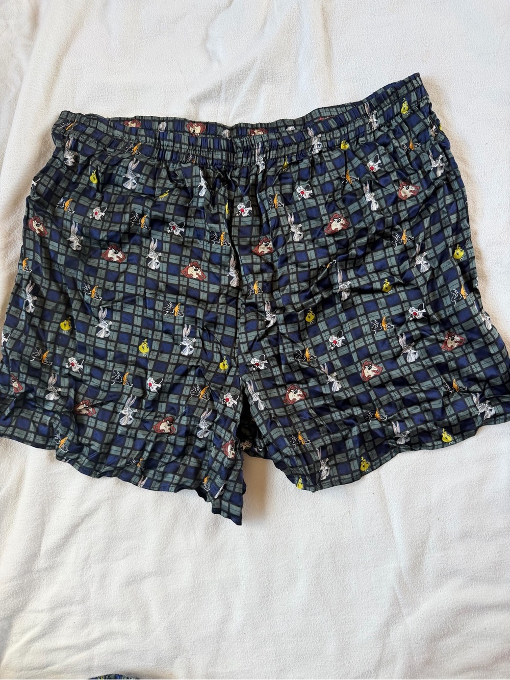 VTG Looney Tunes Bugs Bunny Tweety Taz Silk Plaid Blue Gray Boxer Shorts L